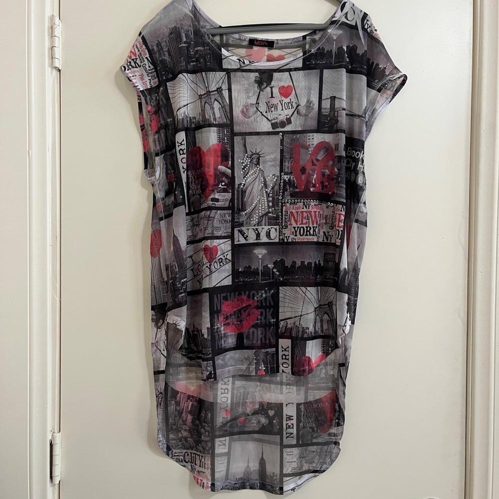 NYC Womens Graphic Mesh Top Large Sheer New York City Studded Y2K Grunge Urban